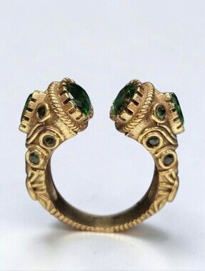 Antique Gold Plated Byzantine Revival Emerald Chunky Ornate Ring